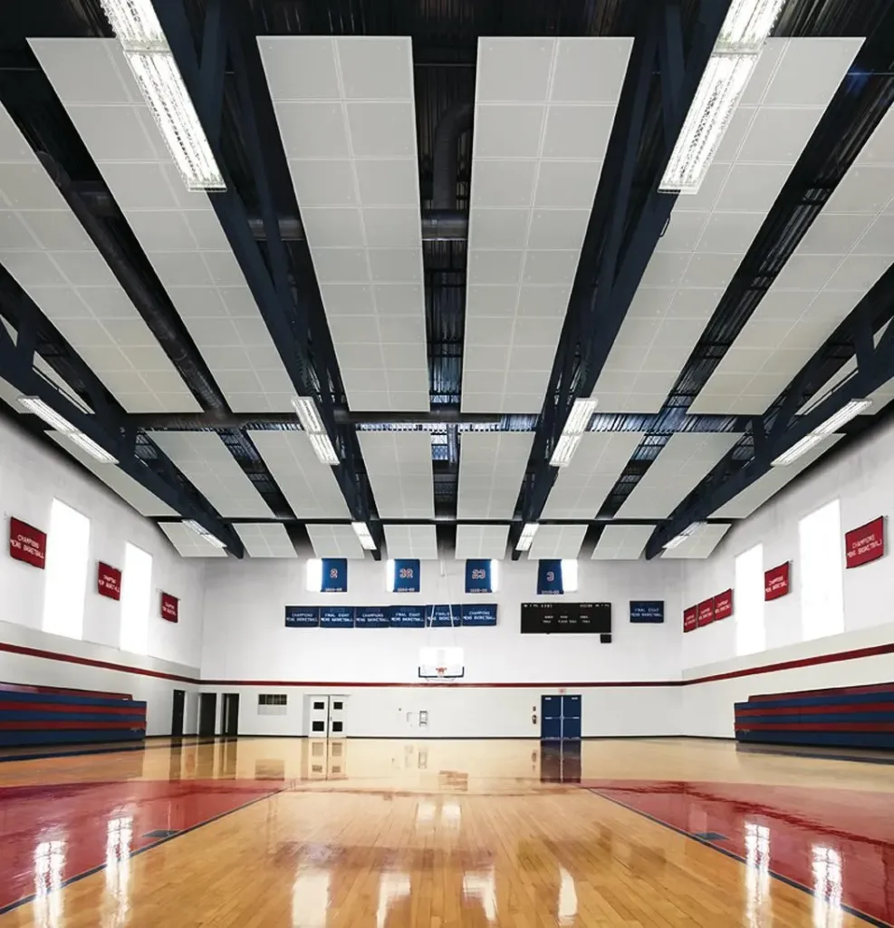 A basketball court inside a gym